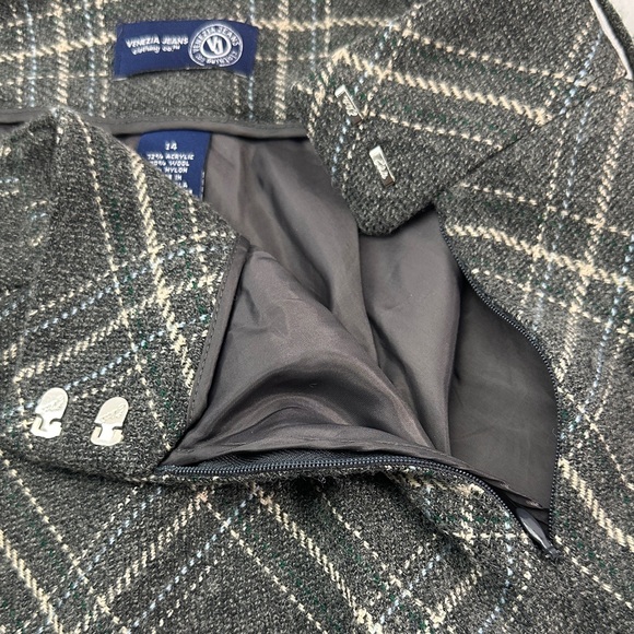 Wool Blend Plaid Lined Venezia Skirt in Charcoal Cream Light Blue Side Closure - Picture 6 of 6